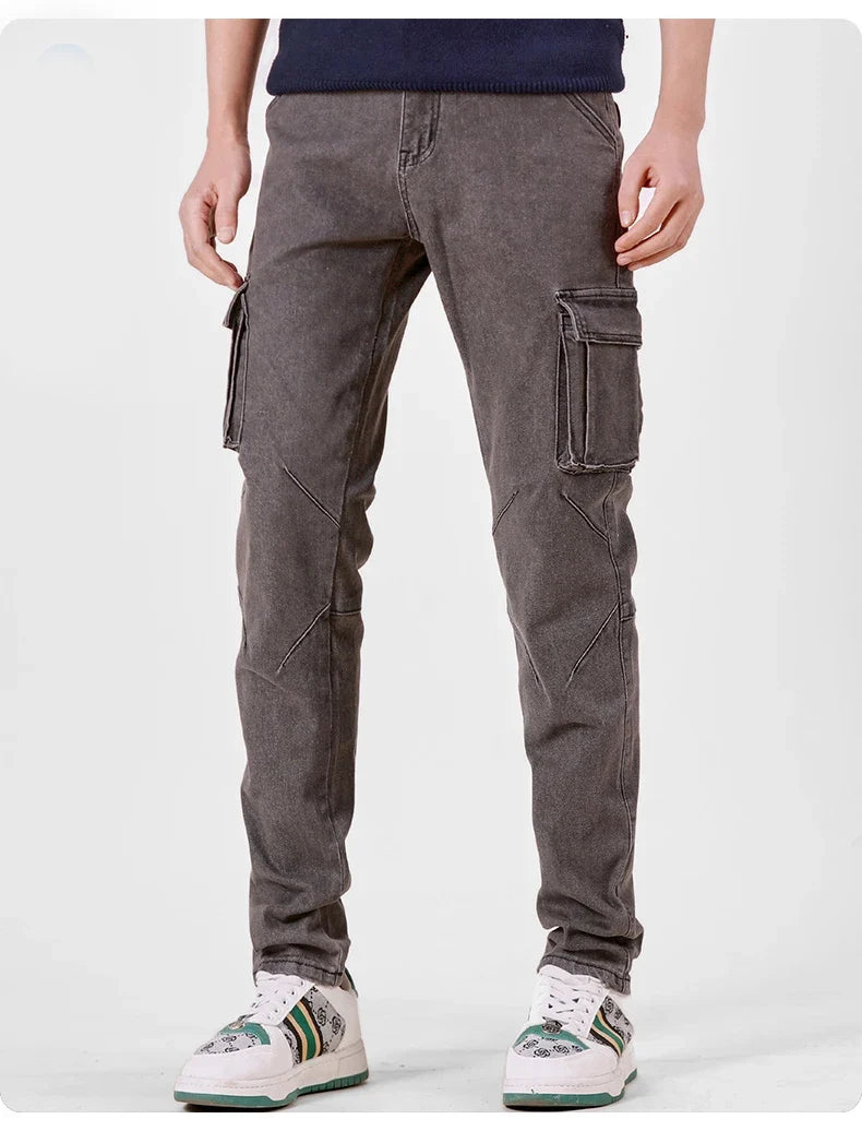 Men's Street Style Elastic Waist Denim Cargo Pants Solid Color Washed Slim Fit Casual Jeans with Multiple Pockets for Daily Wear