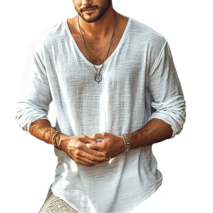3XL Sexy Curved Hem V Neck Long Sleeve T Shirt Men Loose Fit Casual Daily Office Beach Lightweight See Through Basic Tee Sheer