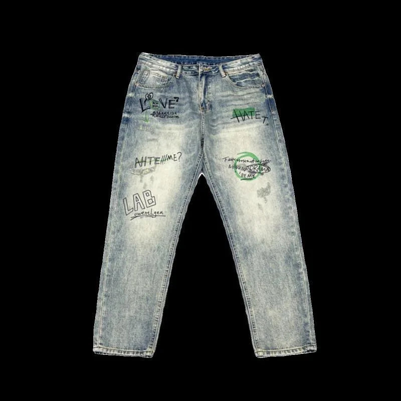 Spring and Autumn New Fashion Trend Printed Straight Leg Vintage Denim Pants Men's Casual Loose Sports High Quality Pants 28-36
