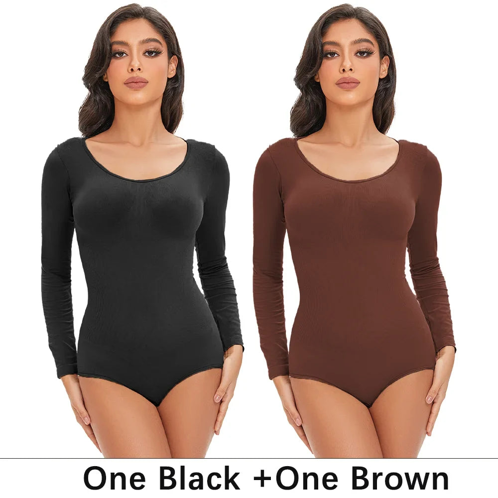 Spandex Elastic Body Suit Shapewear Women Body Shaper Tummy Control Long Sleeve Open Crotch Round Neck Seamless Shapers