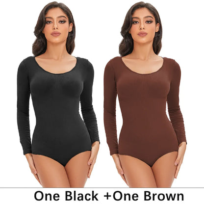 Spandex Elastic Body Suit Shapewear Women Body Shaper Tummy Control Long Sleeve Open Crotch Round Neck Seamless Shapers