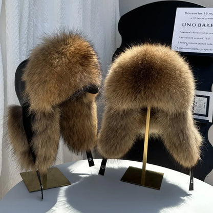 100% genuine fox fur ear-protecting hat Men real raccoon fur bomber hat Women winter warm fur real sheep leather snow hat