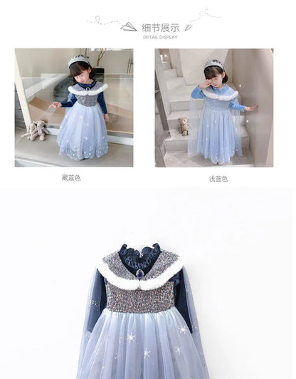 Girls' Spring 2026 New Velvet Elsa Frozen Princess Dress Kids Blue Cape 2 Piece Set Warm Dresses For Girl Party 3-9 Years Old ﻿