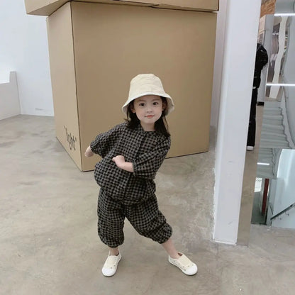 Kid Girls Korean Style Cotton Linen Suits Spring Autumn 2026 New Summer Baby Girl Fashion Casual Plaid 7-point Sleeve 2pcs Sets