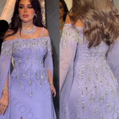 Customized Arabic Lilac Mermaid Prom Gown Sleeves High Split Beaded Luxury Evening Dresses Gowns for Women Wedding Party Dress
