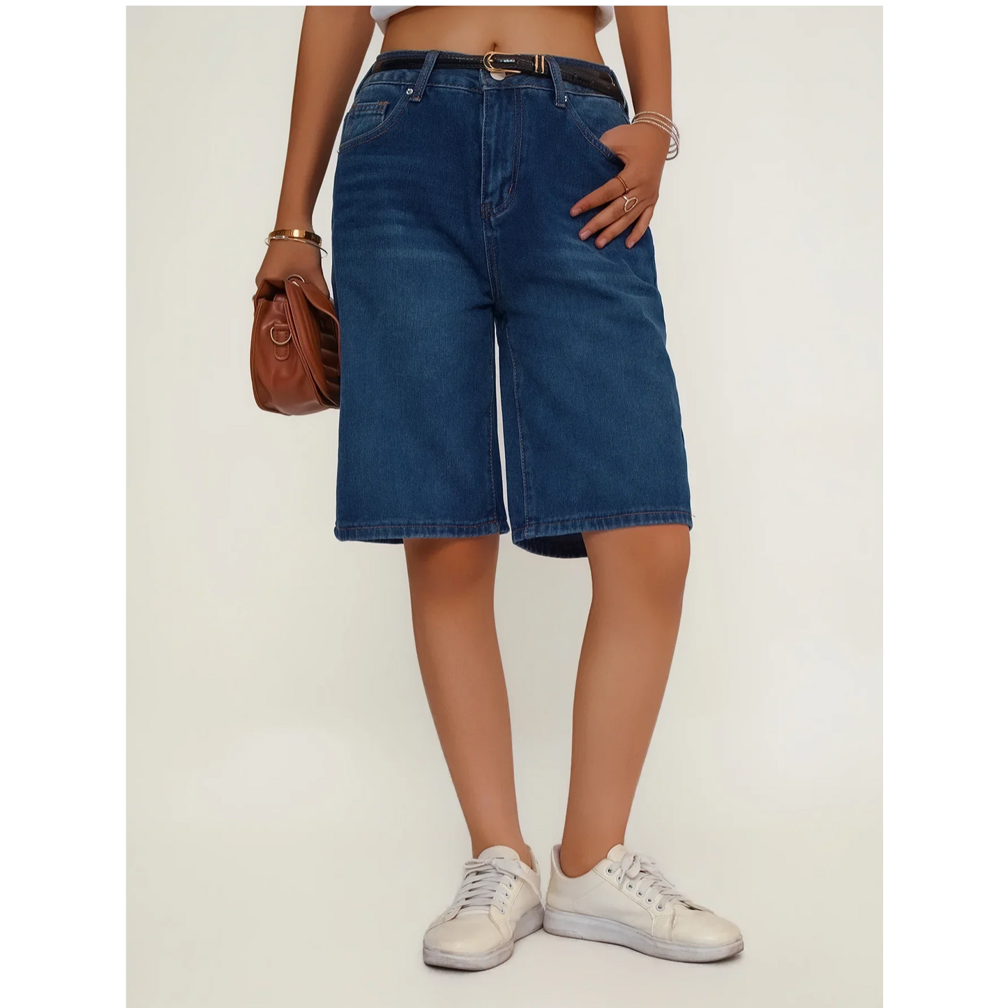 Women's Loose Fit Casual Denim Shorts Deep Blue American Style Spring Summer Suitable All-Match Ladies Jeans Shorts