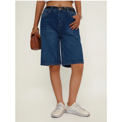 Women's Loose Fit Casual Denim Shorts Deep Blue American Style Spring Summer Suitable All-Match Ladies Jeans Shorts