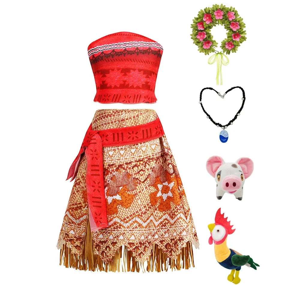 Moana Dress Kids Girls Children Cosplay Princess Birthday Carnival Party Costume with Necklace Flower Set Summer