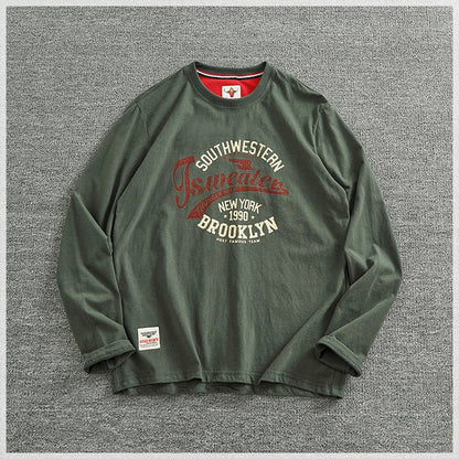 Autumn New American Retro Long-sleeved O-neck Letter Printed T-shirt Men's Fashion Simple 100% Cotton Washed Casual Sport Tops