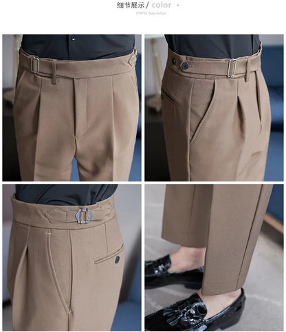 2026 Texture Naples Men's Solid Color Casual Pants Fashion Belt Design Slim Fit Suit Pants Formal Wear Wedding Social Trousers