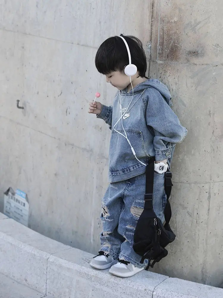 Children's Clothing Boy Denim Jacket Hoodies + Jeans 2 Pcs Set Autumn Spring Vintage Hole Pants Children's Hooded Pullover Top