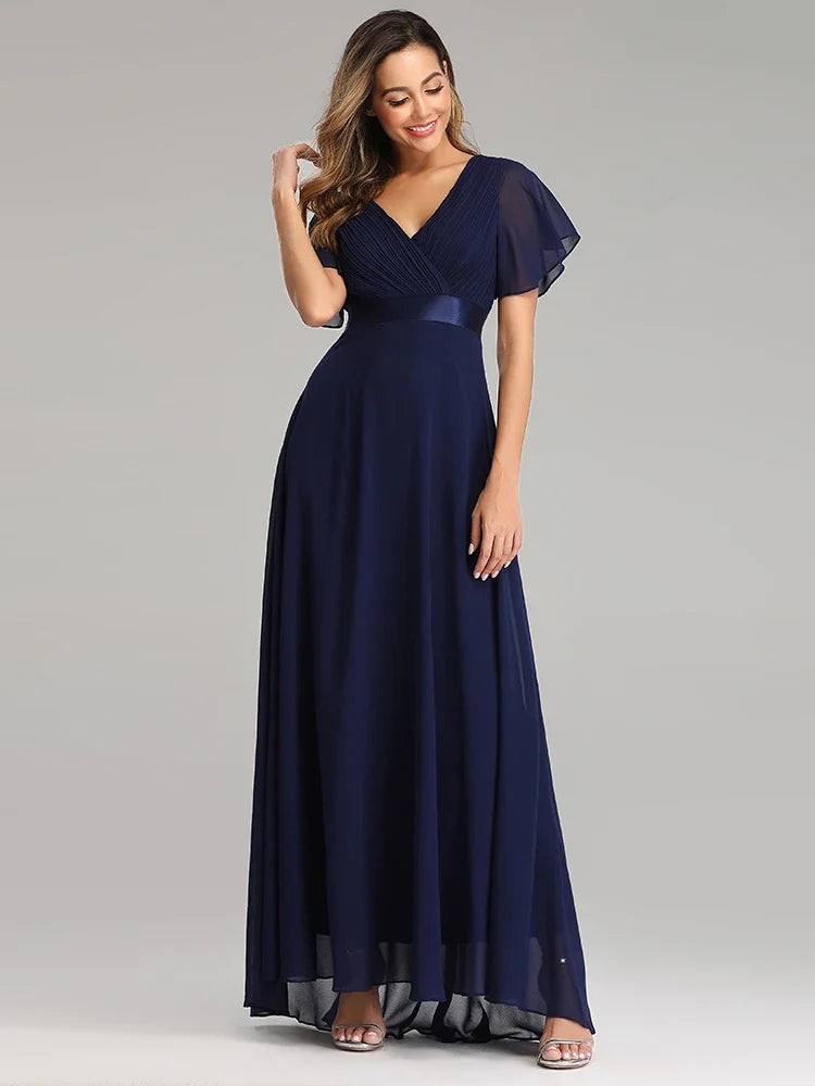 Evening Dresses Elegant V-Neck Ruffles Chiffon Formal Evening Gown  Robe Vestidos De Fiesta Dress for Wedding Party