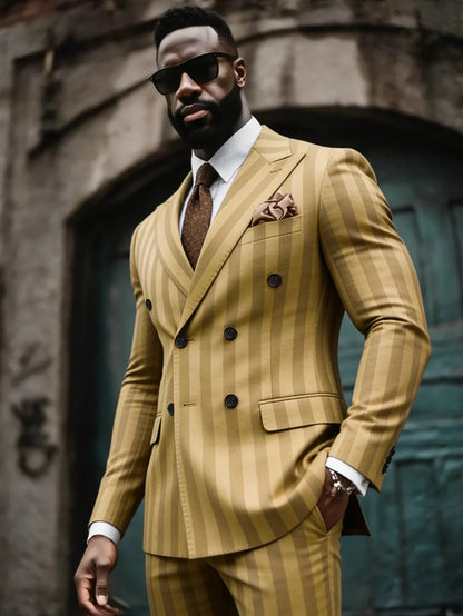 Men's 2 Piece Suit Set Slim Fit Double Breasted Peak Lapel Jacket Pants Elastic Waist Formal Wedding Prom Tuxedo Rayon Blend