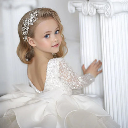 Customized Flower Girl Dresses Ivory Tulle Satin Sequin With Bow Long Sleeve For Wedding Pagant Birthday Holy Communion Gown