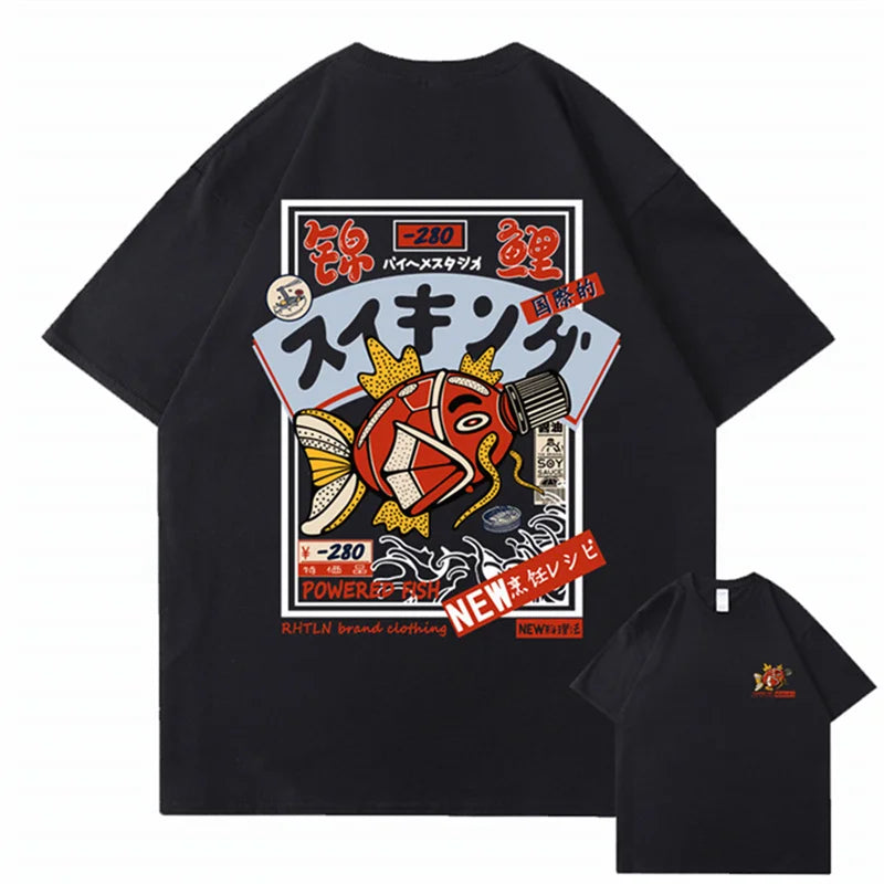Hip Hop Streetwear Harajuku T-shirt Japanse Kanji Fish Print T-shirt 2024 Mannen Katoen Casual Korte Mouw T-shirt Japan Stijl