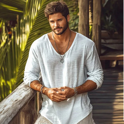 3XL Sexy Curved Hem V Neck Long Sleeve T Shirt Men Loose Fit Casual Daily Office Beach Lightweight See Through Basic Tee Sheer