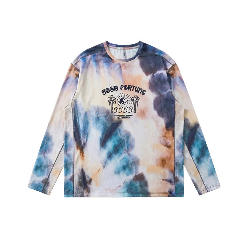 Men's Long Sleeve Sports T-Shirt Quick Dry Stretch Athletic Base Layer Ink Digital Printing Workout Running Top Unisex