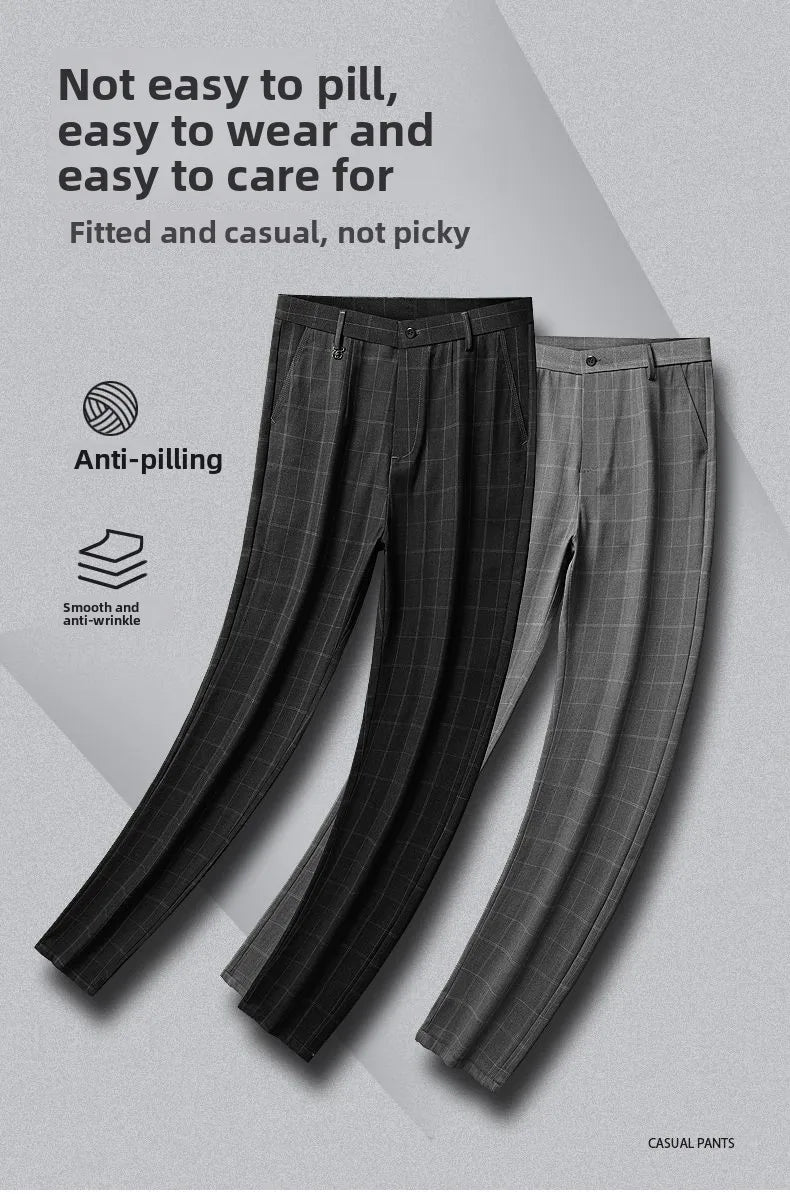 Autumn Winter Men's Business Casual Plaid Pants Korean Fashion Stretch Slim Fit Suit Pants Male Office Formal Versatile Trouser
