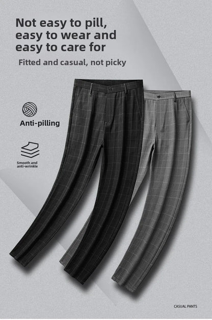 Autumn Winter Men's Business Casual Plaid Pants Korean Fashion Stretch Slim Fit Suit Pants Male Office Formal Versatile Trouser