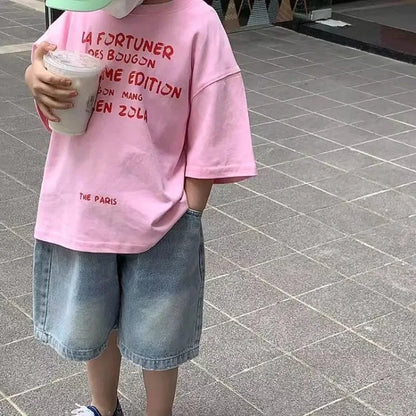 2026 New Original Design Boys' Pink Short Sleeved T-Shirt Summer Trendy Versatile Kids Half Sleeve T-Shirt