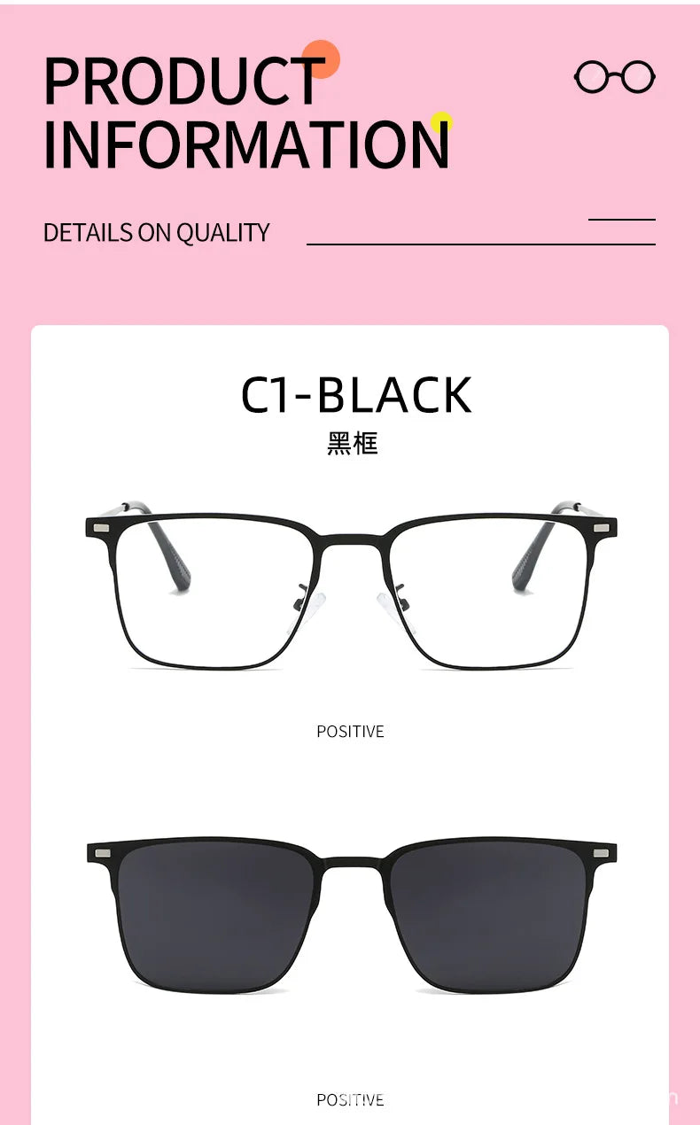 Fashion Square Metal Frame 3 in 1 Magnet Clip On Glasses Polarized Sunglasses Man Night Vision Clip Anti Blue Light Glasses