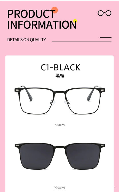 Fashion Square Metal Frame 3 in 1 Magnet Clip On Glasses Polarized Sunglasses Man Night Vision Clip Anti Blue Light Glasses