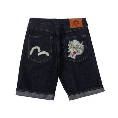 Men Embroidery Denim Shorts Black Hiphop Jeans Pants Cherry Blossom Dragon Totem Washed Zipper Cotton Summer cherry blossoms 024