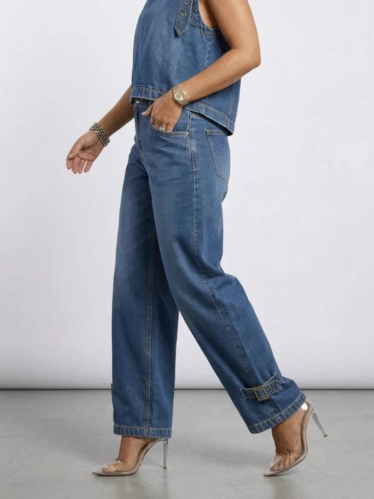 Missuoo 2026 New American Retro Women's Jeans Blue High Waist Curved Wide Leg Denim Trousers with Buckles for Street Style