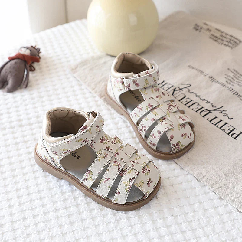 Summer Toddler Girls Floral Closed Toe Sandals Anti-collision Kids Sandal Lovely Hook-loop Sweet Children Beach Shoes 21-30