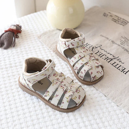 Summer Toddler Girls Floral Closed Toe Sandals Anti-collision Kids Sandal Lovely Hook-loop Sweet Children Beach Shoes 21-30