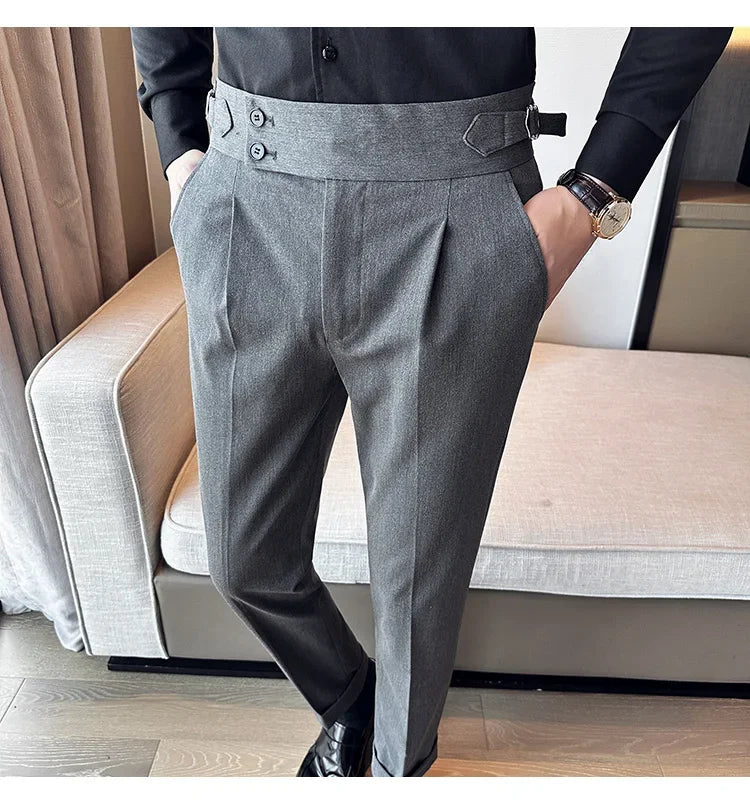 Autumn Winter High Waist Business Dress Pants Men Casual Belt Design Slim Suit Pants Formal Wedding Social Party Male Trousers