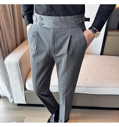 Autumn Winter High Waist Business Dress Pants Men Casual Belt Design Slim Suit Pants Formal Wedding Social Party Male Trousers