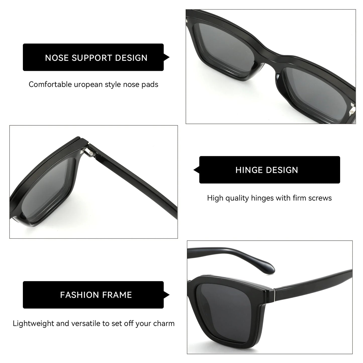 (XL Size) Fashion Urltra-Light TR90 Sun Glasses with Magnetic Clip On Polarized Sunglasses Square for Women Men