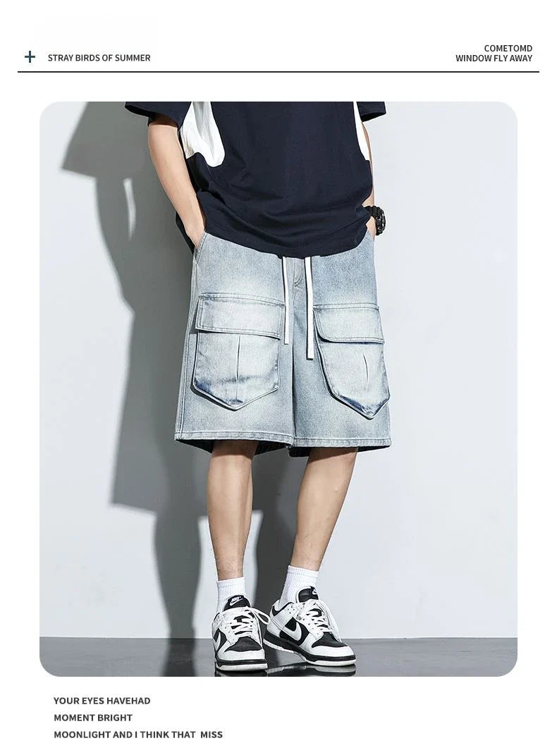 Bermuda Men's Denim Shorts Summer New Fashion Loose Jeans Casual Vintage Drawstring Cargo Short Pants Male Streetwear
