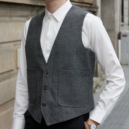 Men Vest Gray Herringbone V Neck Single Button Waistcoat For Wedding Prom Business Casual Formal Daily Office Work Men Suit Vest