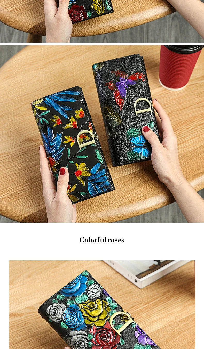 2025 New Genuine Leather Purse Wallet Female 3D Embossing Ladies Personality Retro Long Clutch Wallet Women Purse Coin Holders