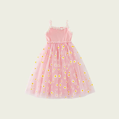 Girls Casual Dresses Little Daisy Flower Mesh Dress for Girls Summer Camisole Pompadour Dress Girls Clothes for2 To 7 Years
