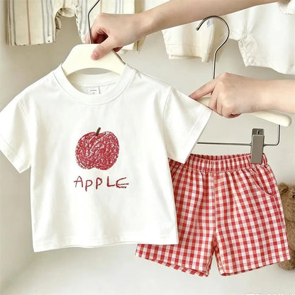 Lovely Suits White TShirt+Plaid Shorts Two Piece Set Casual Loose 2026 Summer Clothing Short-sleeved Tracksuits Child's Costume