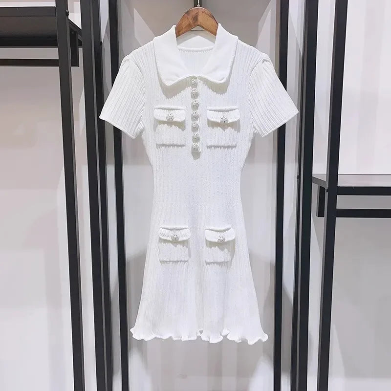 2025 Spring/Summer New Polo Neck Short Sleeve Knitted Dress Y2K Fashion Commuter Elastic Slim Fit Multi Pocket Wrapped Hip Skirt