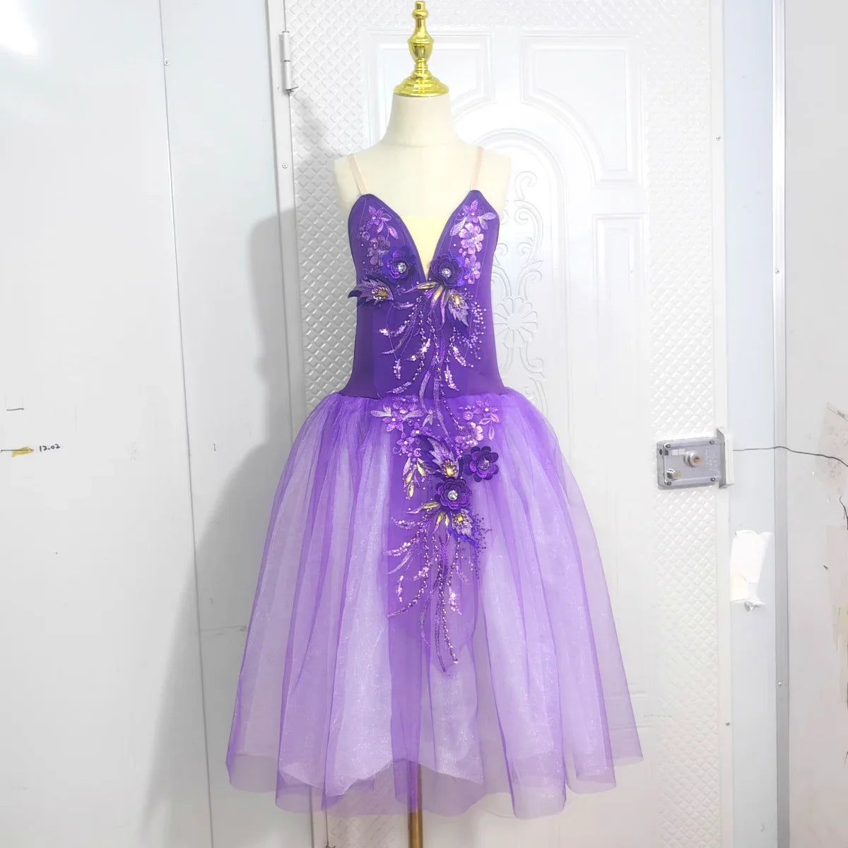 Long Ballet Tutu Skirts Blue 3d Flower Dress Performance Costumes Princess Dance Practice Romantic Dress