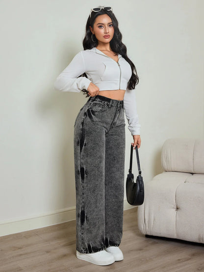 2025 autumn new women's jeans, tie-dye contrast washing, elastic waist, high waist straight jeans