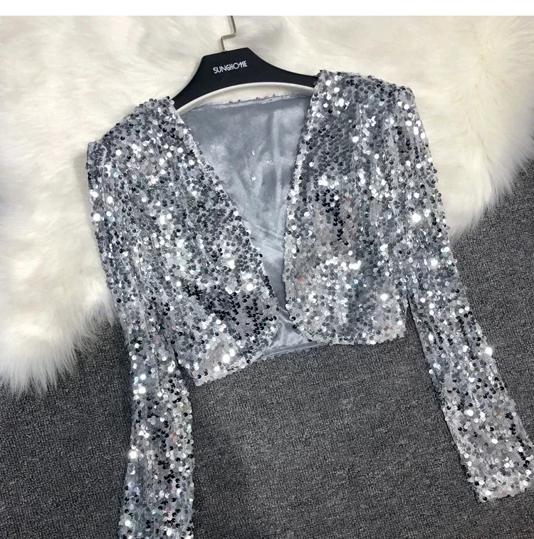Street Fashion Joker Short Edition Sequins Small Suit Sparkling Bead Piece Suit Small Jacket Tank Top Jazz Dance Performance