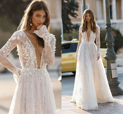 Sexy Deep V Neck Elegant 2027 Wedding Dresses Boho Backless 3D Flora Lace Appliques Beach Bridal Gown Custom Vestido De Novia