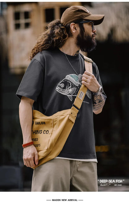 Deep-Sea Fish Printed T-shirt for Men Cotton O-Neck Short Sleeve T Shirts Creative Animal Pattern Tees Summer Casual Tops