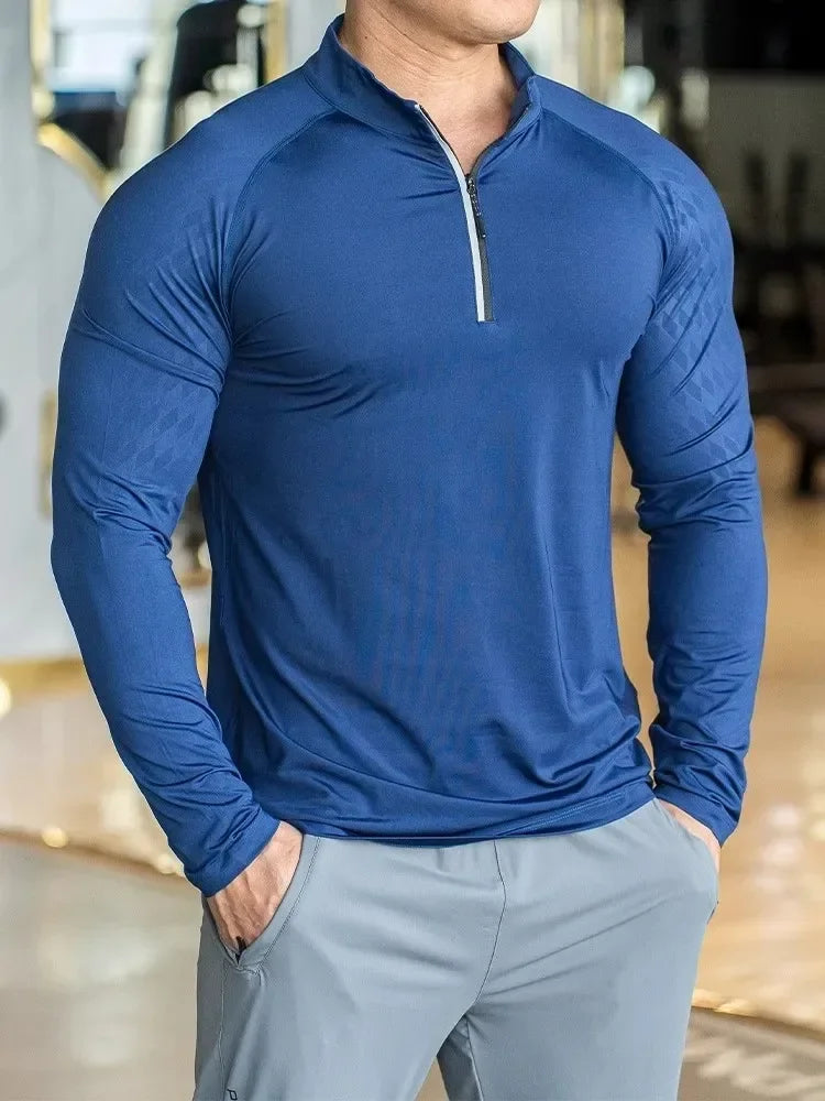 New Autumn Winter Running Gym Men Shirt Long Sleeve Tees Elastic Fit Sports Training Fitness Quick Dry Zip Collar Polo T Shirt