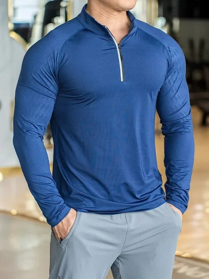 New Autumn Winter Running Gym Men Shirt Long Sleeve Tees Elastic Fit Sports Training Fitness Quick Dry Zip Collar Polo T Shirt