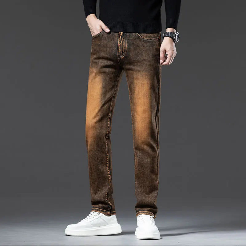 2025 New High-end High-quality Denim Double-core Cotton Elastic Jeans Retro Nostalgic Men's Straight-fit Trousers
