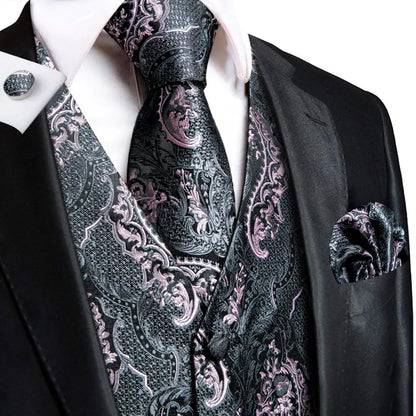 Luxury Mens Vests Black Gold Floral Jacquard Waistcoat Tie Hanky Cufflinks Brooch Set for Men Suit Wedding Office XL