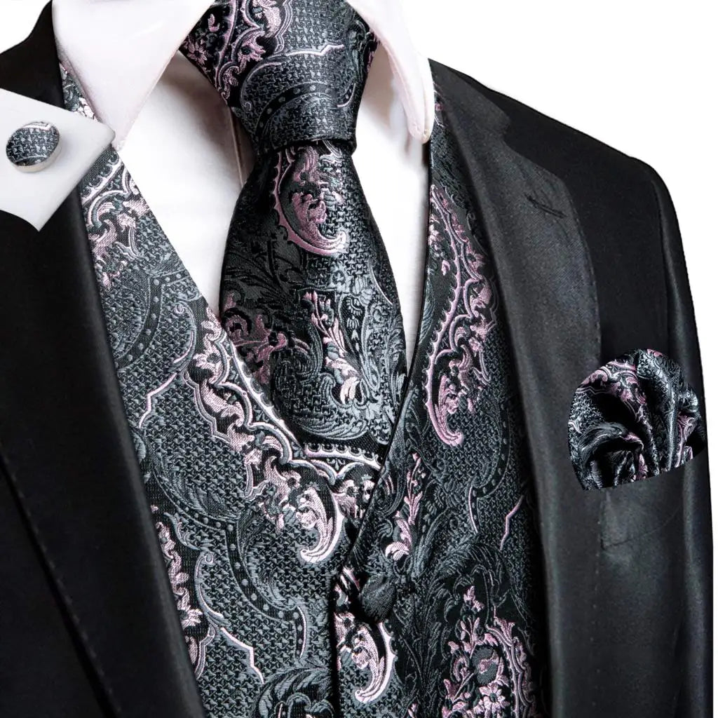 Navy Blue Mens Silk Vests Business Paisley V-Necl Waistcoat Tie Hanky Cufflinks Brooch Set for Men Suit Wedding Formal Hi-Tie