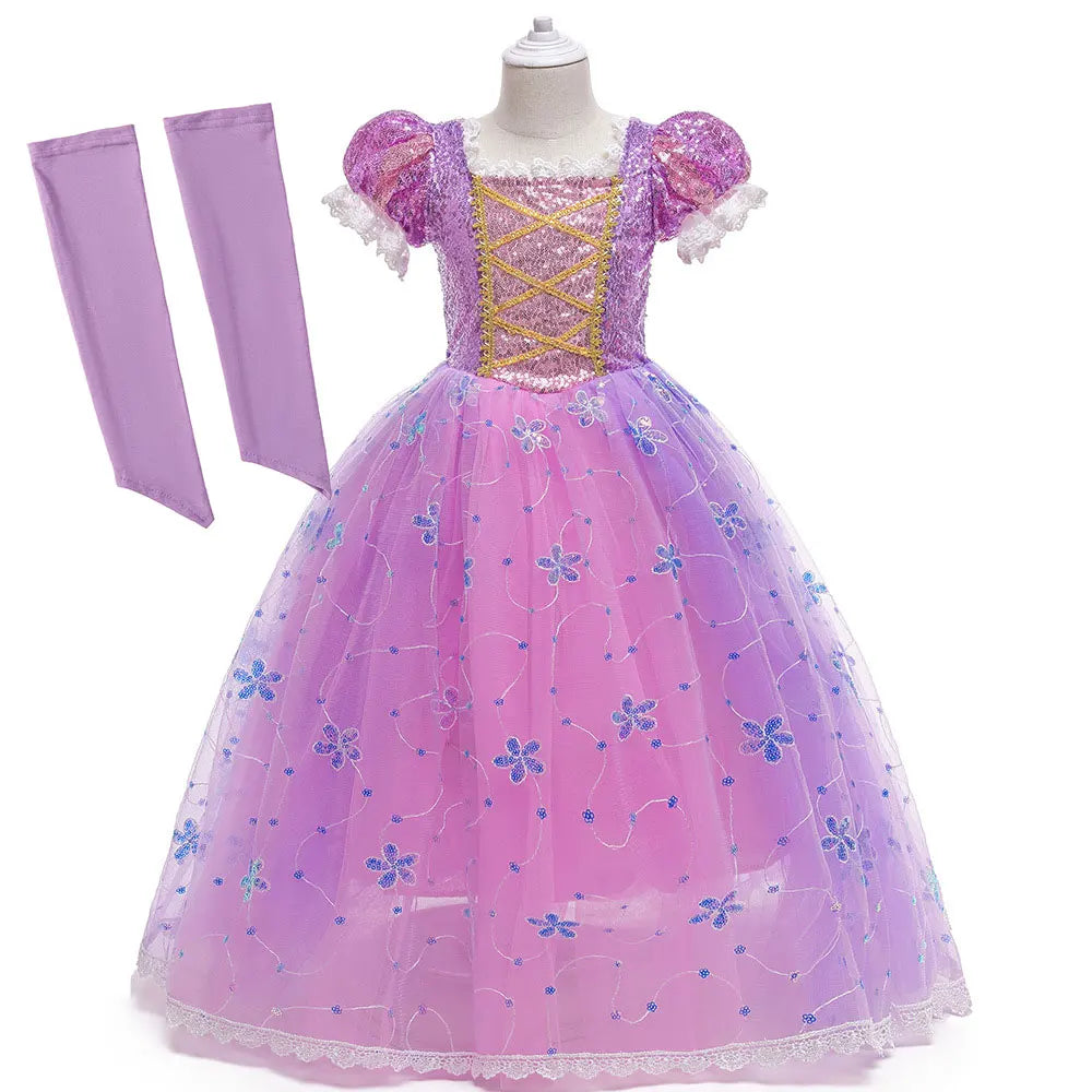 Girls Birthday Party Deluxe Rapunzel Dress With Sequined Bodice Tangled Movie Cosplay Princess Costume Carnival Fairy Tale Gown